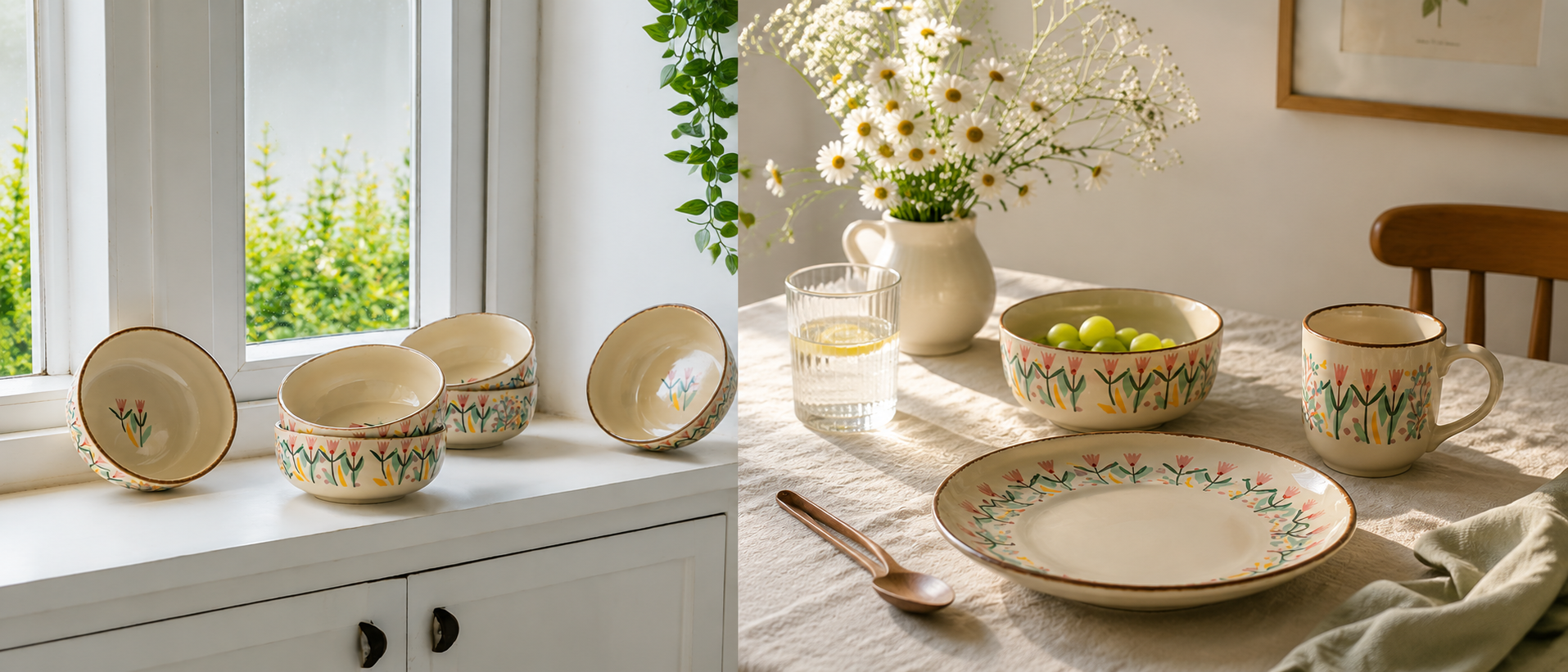 Floral tableware displayed in a bright everyday dining setting